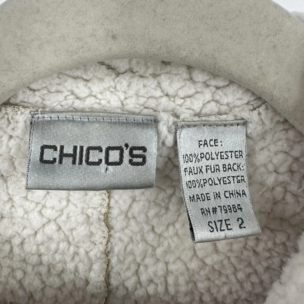 Chicos Vest Womens 2 Beige Faux Suede Sherpa Lined Zip Front Pockets Cozy Casual